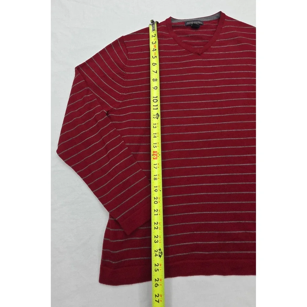 Banana Republic Mens Extra Fine Italian Merino Wool V-Neck Striped Sweater Red L